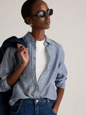 Quince 100% European Linen Chambray Stripe Button Down Shirt Blue S